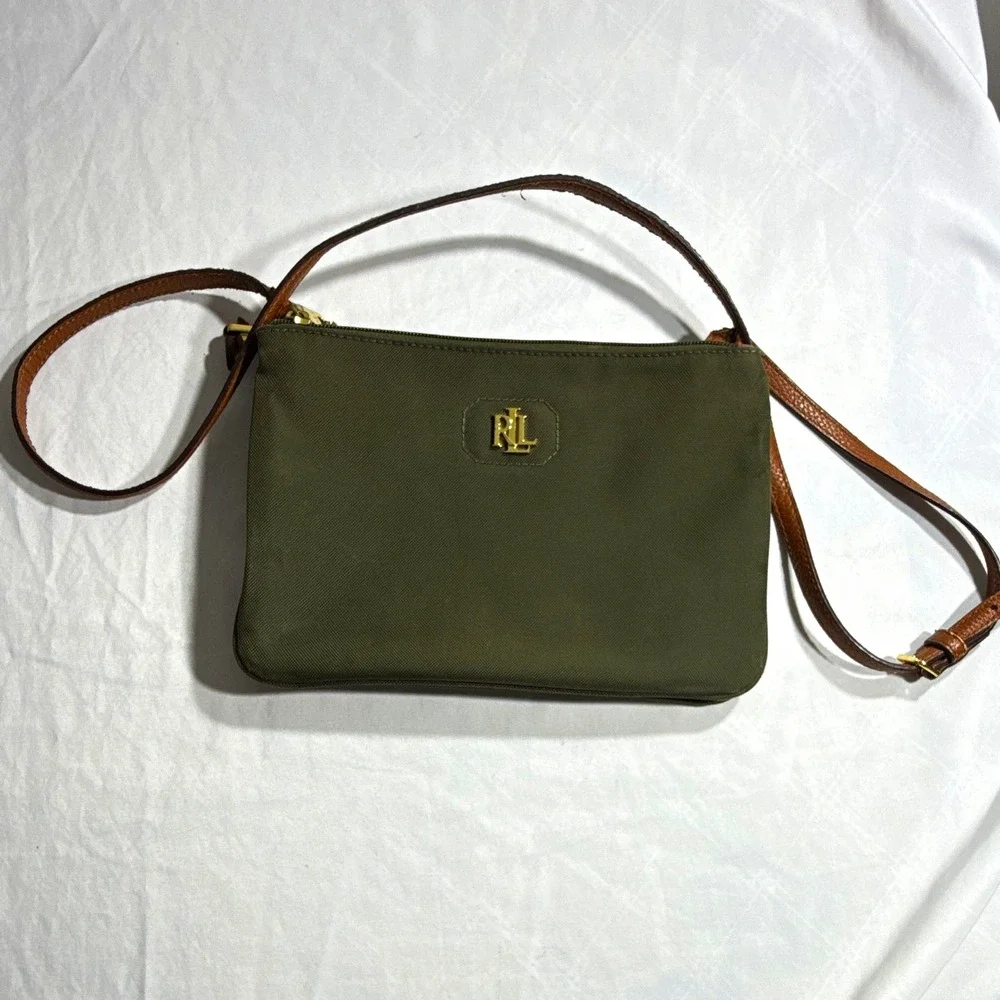 Lauren Ralph Lauren Green Nylon Crossbody Bag Brown Strap Gold Hardware